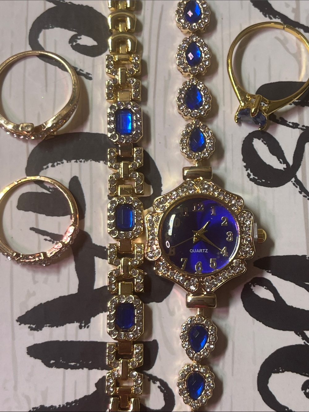 5 piece Gold-Tone Blue Crystal Quartz Bracelet Watch - ring - Women Accessories